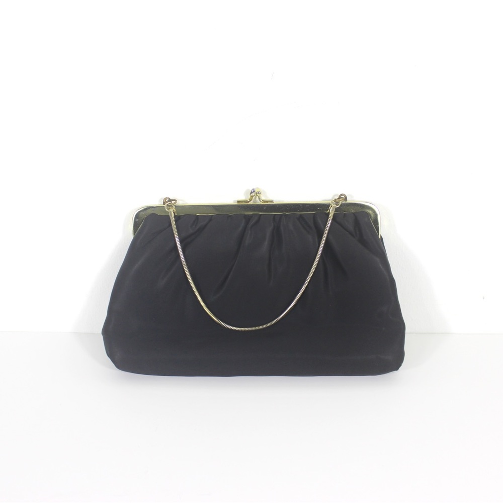 1960’s Vintage Matte Black Satin Clutch Evening Bag with Gold Chain